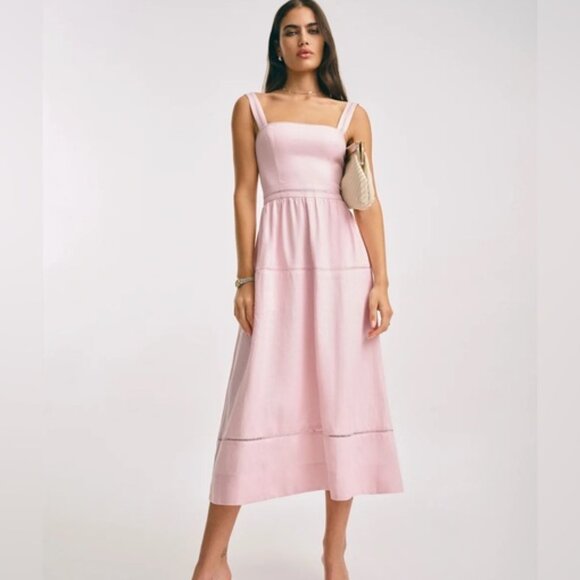 NEW Reformation Everett Linen Midi Dress Cherry Blossom Light Pink | US 4 UK 8 - Picture 13 of 14